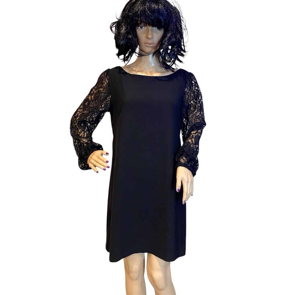 White House Black Market Shift Dress Long Floral Lace Sleeves Black Size 10 EUC